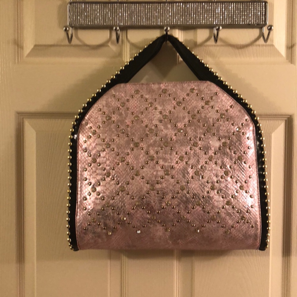 Large gold and silver beaded light pink purse